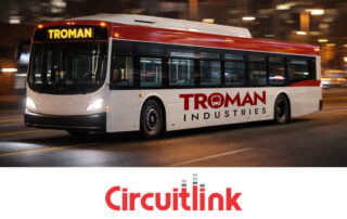 Transit event data recorder distributor partnership between Circuitlink and Troman Industries with branded transit bus image