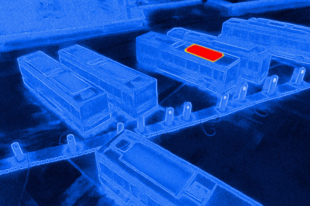 Thermal view of an electric transit bus in the early stages of a thermal event.